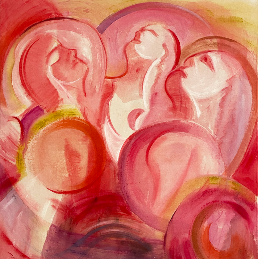 Artwork featuring multiple human figures in shades of pink, red, yellow, and purple.