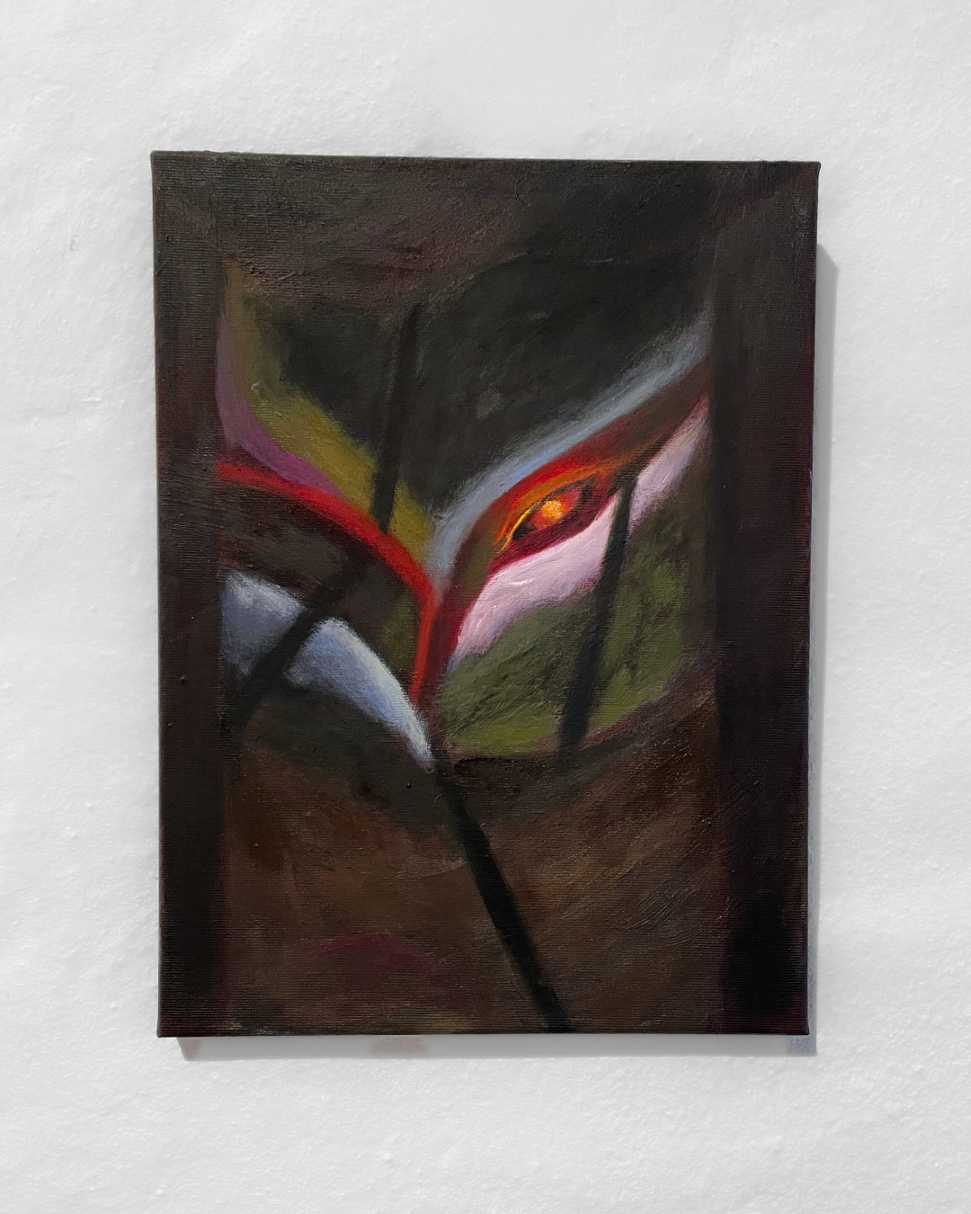 Abstract painting by Kristoffer Bech with dark colors, highlighted with reds, pinks, greens, and blacks, featuring a central eye-like shape.