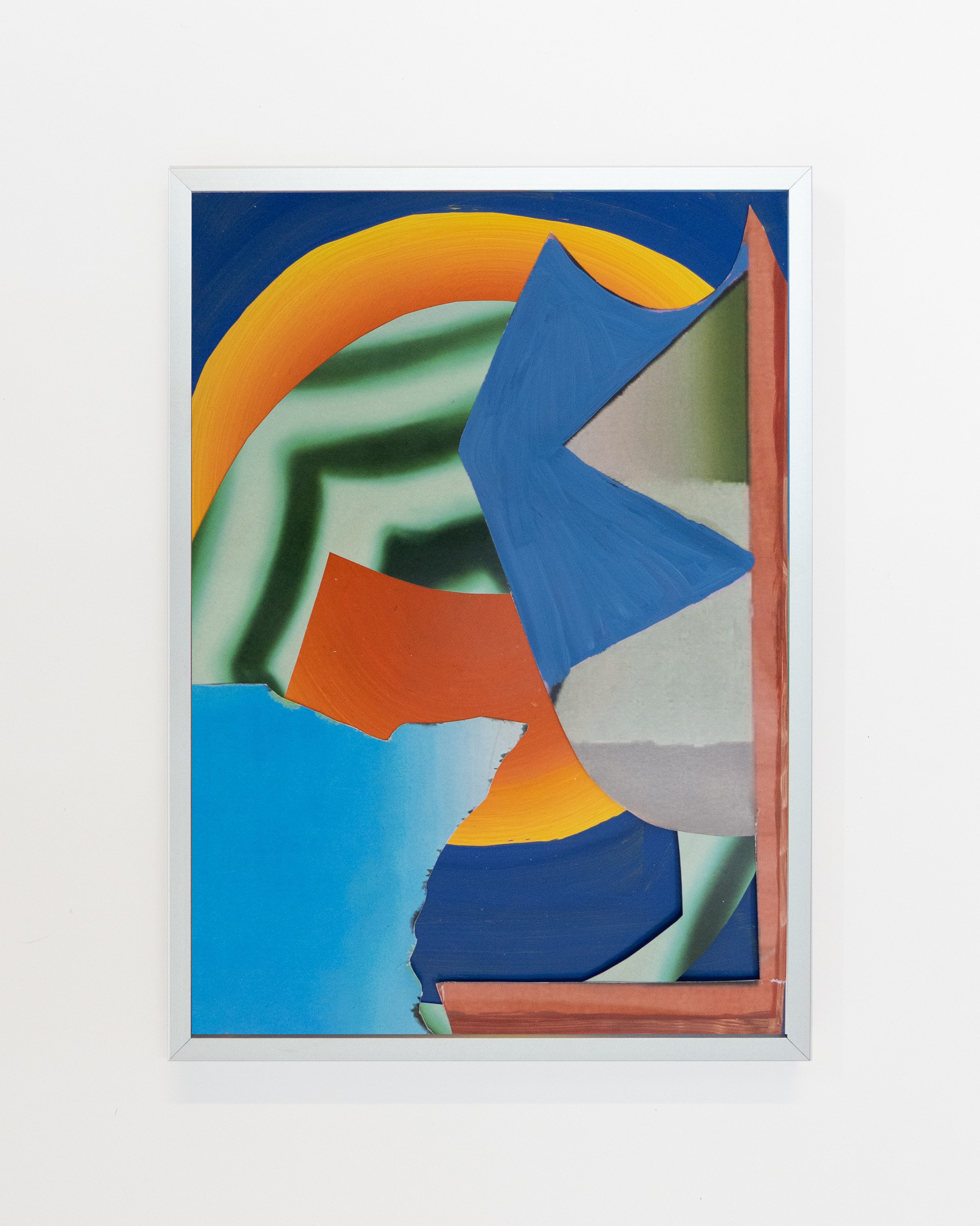 Abstract colorful painting with geometric shapes and curved lines, framed and mounted on a white wall.