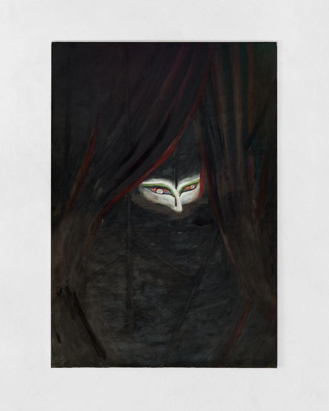 A dark painting by Kristoffer Bech with a mysterious face peering from between red and black curtains, revealing only a mask against a black background.
