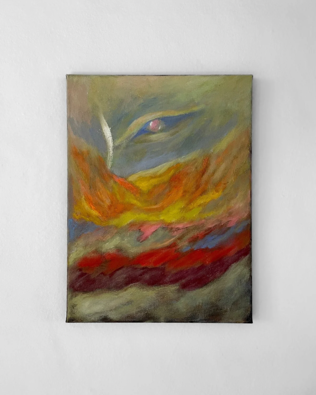 Abstract painting with a single eye and vibrant swirling colors, including green, yellow, orange, red, and blue.