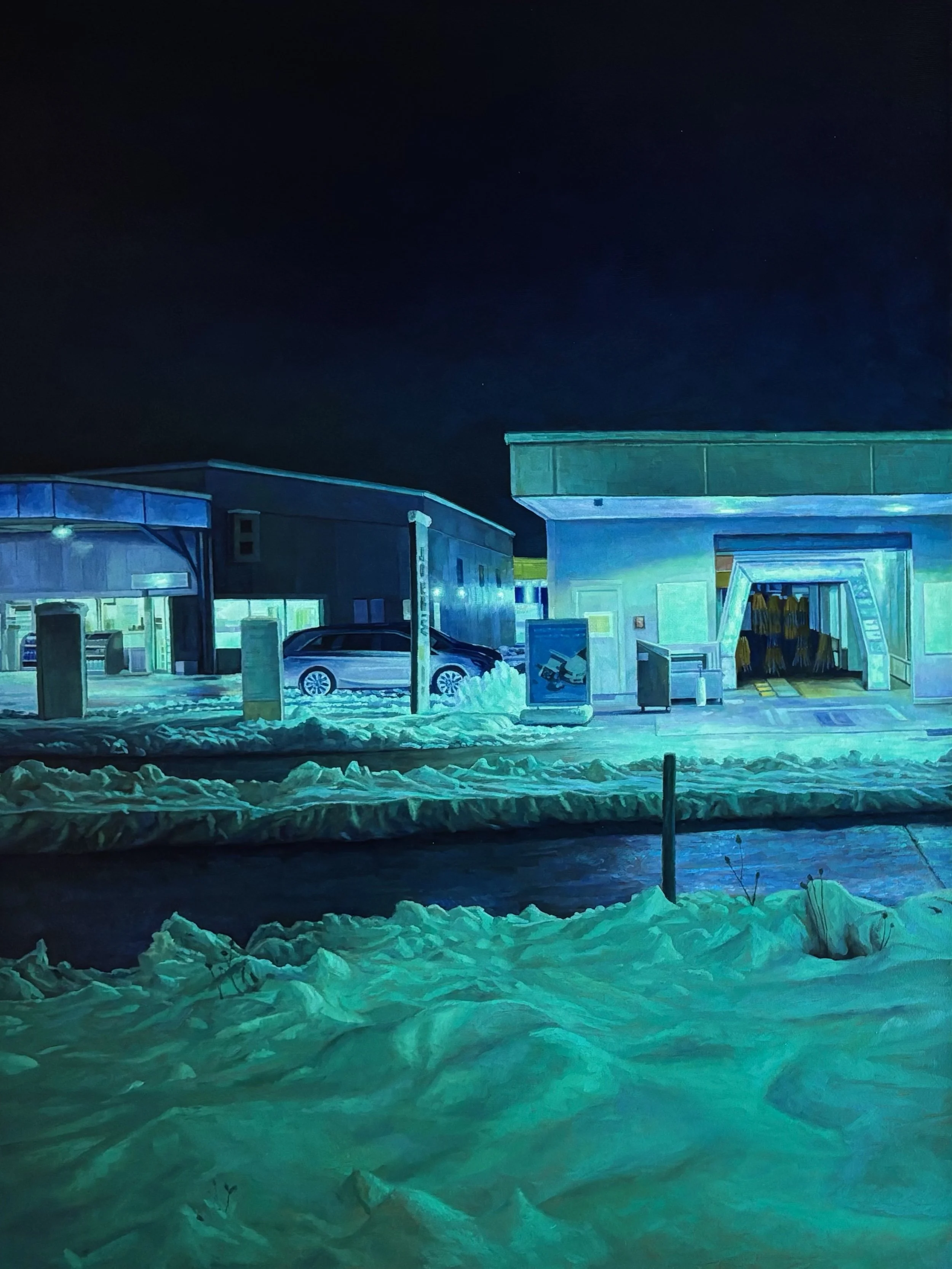Painted nighttime scene of buildings illuminated with teal and blue lighting, with snow on the ground and parked cars outside.