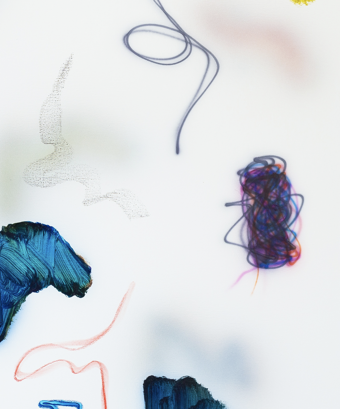Abstract artwork with colorful, tangled lines and textured brushstrokes on a white background.