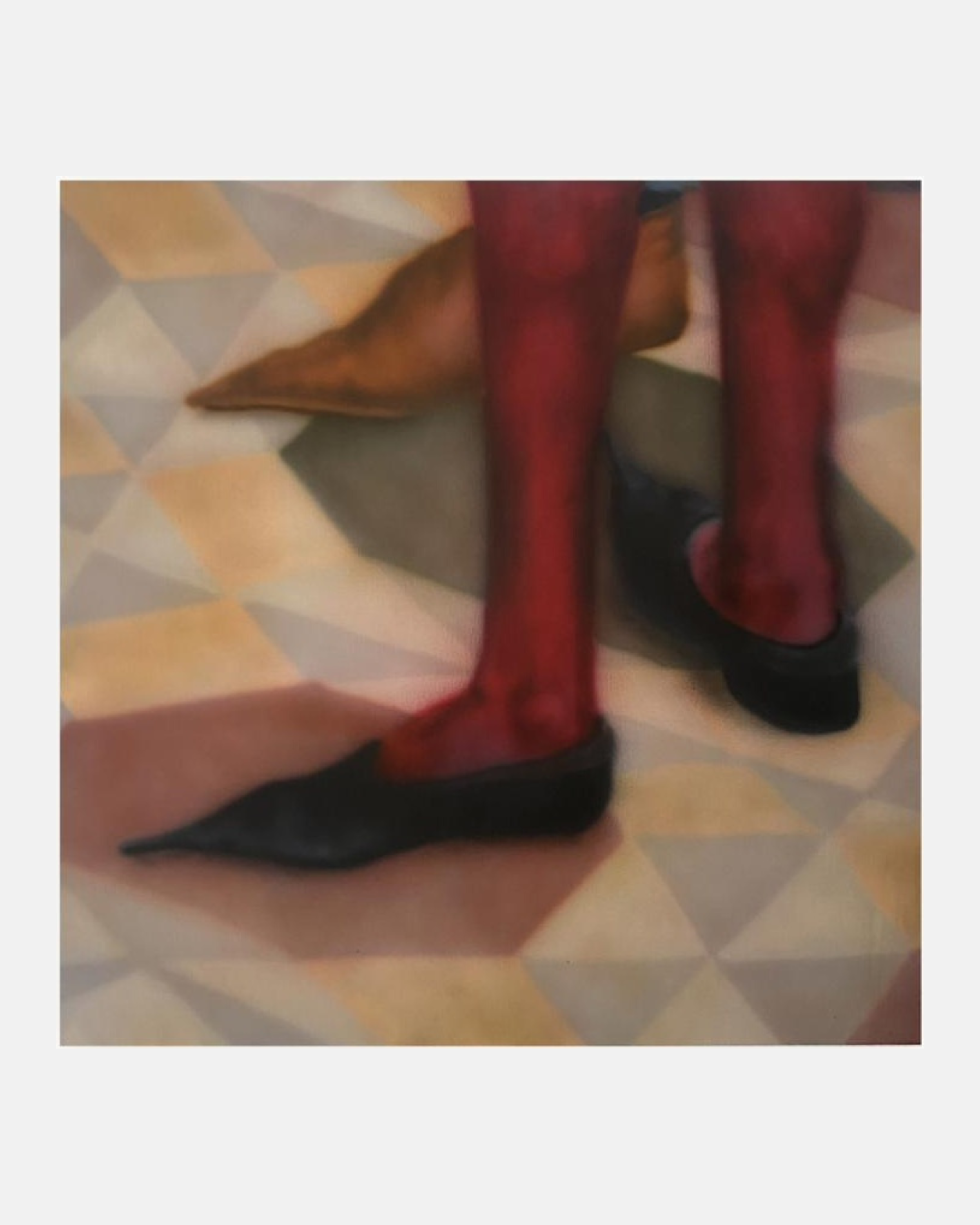 Painted close-up of a person's legs wearing red tights and black shoes, standing on a patterned tiled floor.