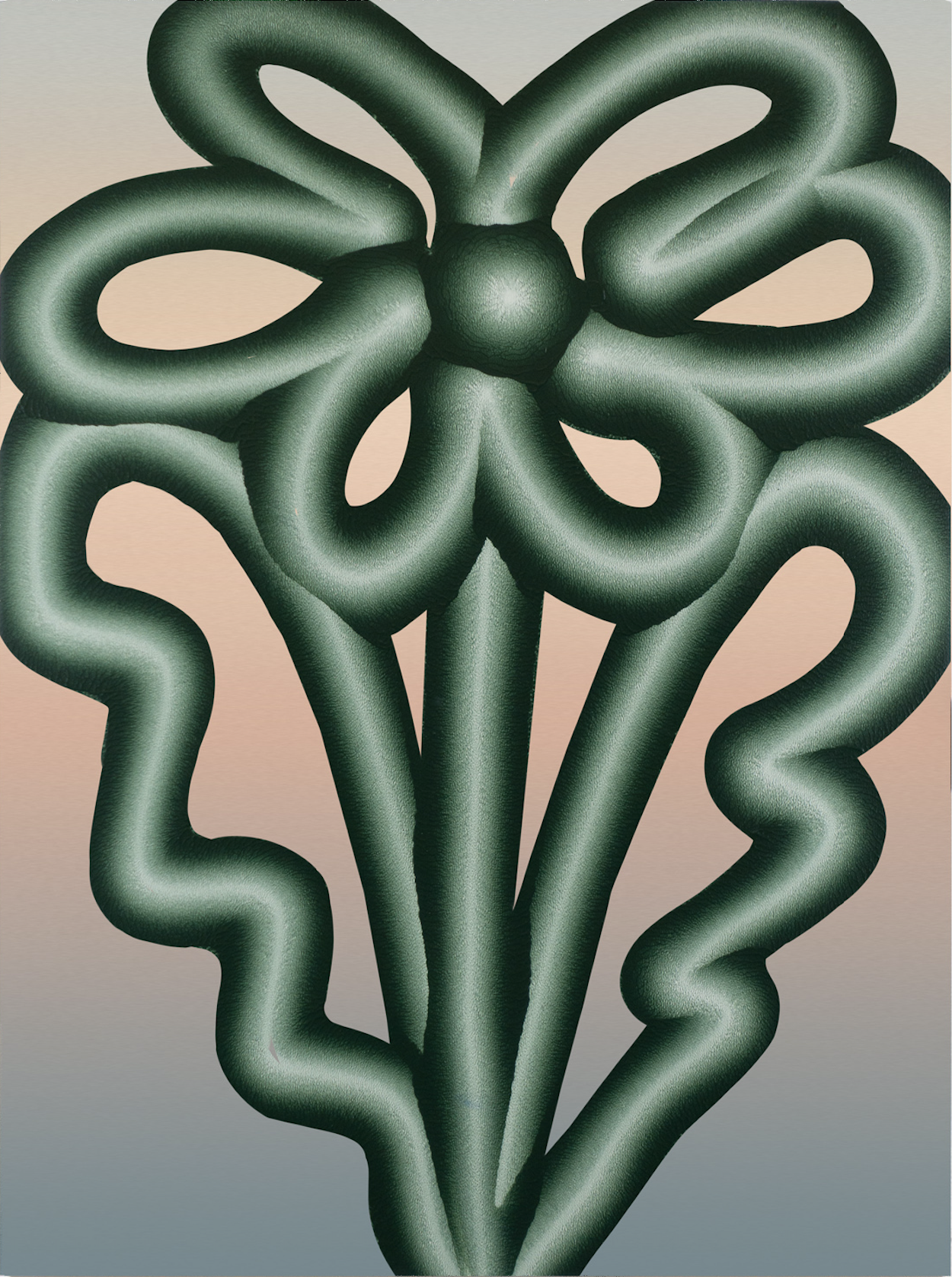 Painting of a green abstract flower with elongated, curly petals and a rounded center, set against a gradient background transitioning from beige to light blue.