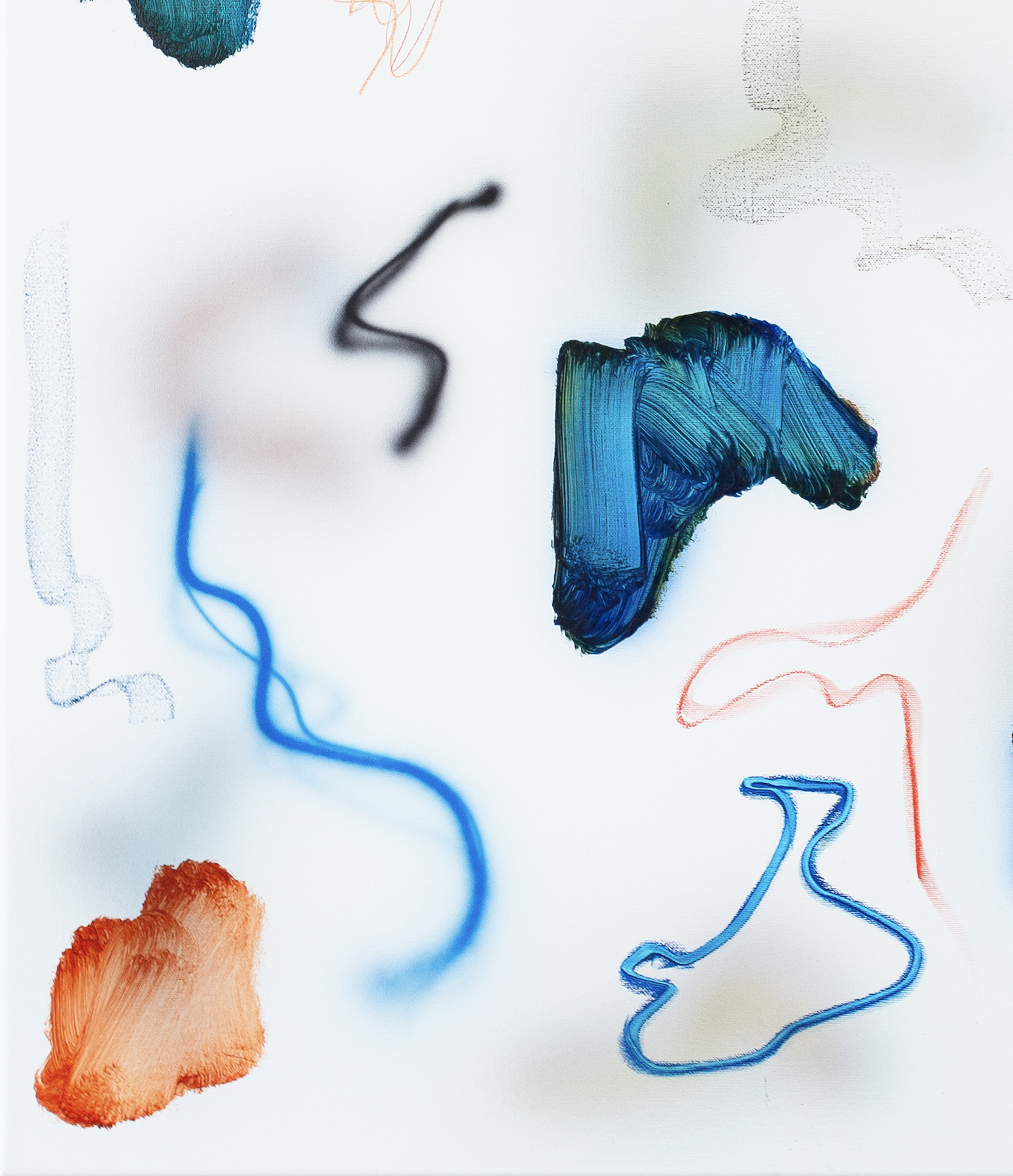 Abstract artwork featuring multicolored lines, shapes, and brushstrokes on a light background with blue, black, red, and orange hues.