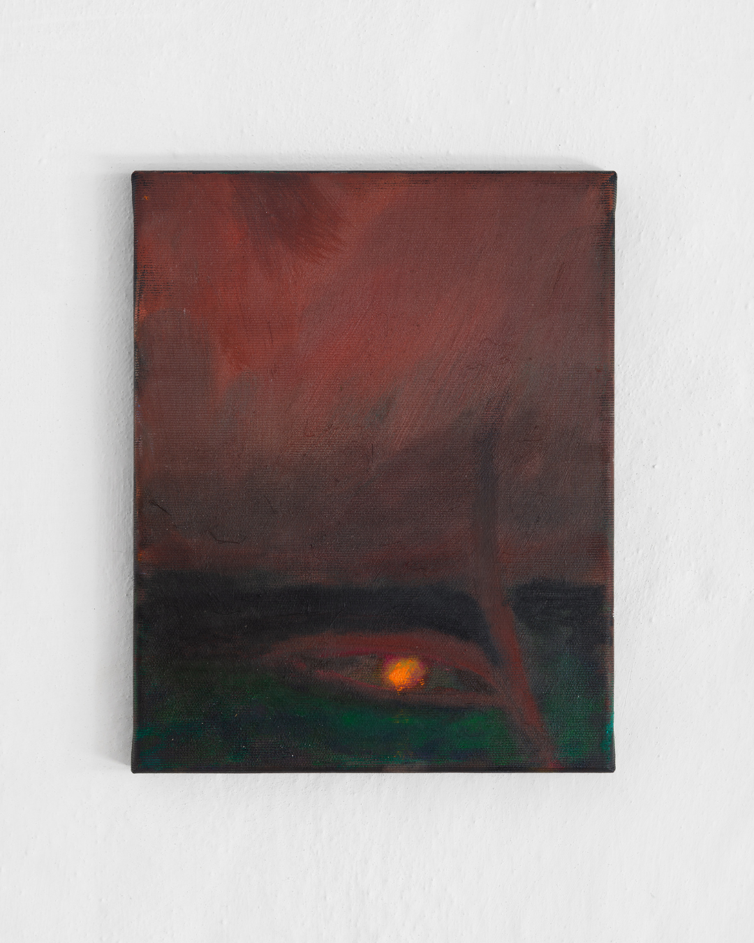 Abstract painting by Kristoffer Bech with dark red, black, and green colors, creating associations with a sunset or sunrise.