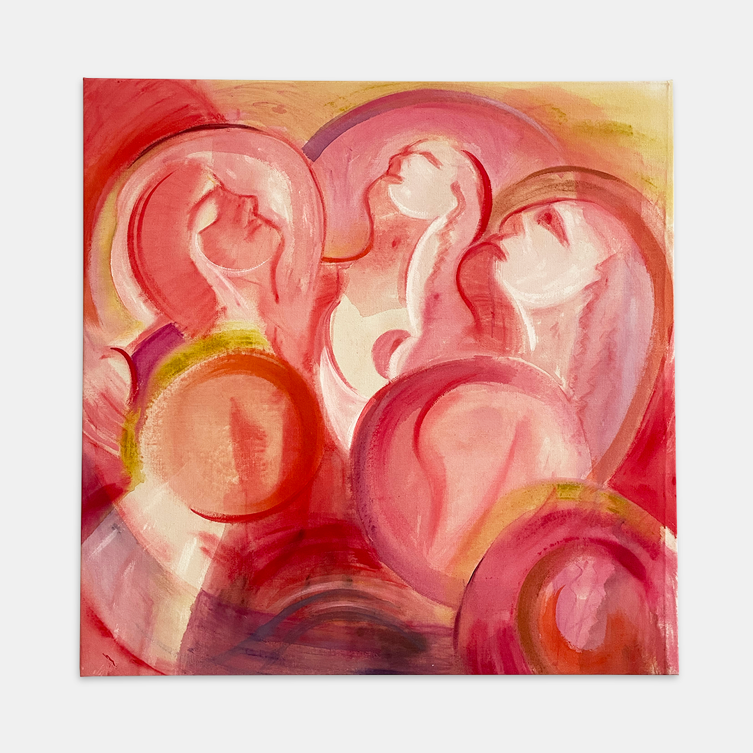 Abstract painting with swirling shapes and overlapping circles in shades of pink, red, orange, and yellow.