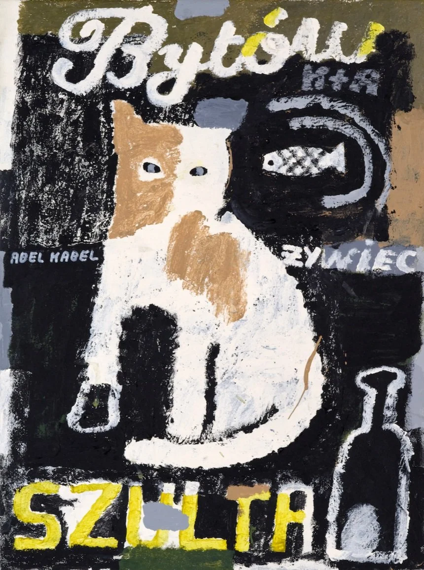 Painting of a cat inspired by Abel Kabel's trip to Poland with his ex girlfriend. He uses symbols like a fish and a bottle to convey the mood from the trip. Words written on the painting is Bytów, zywiec and szulta