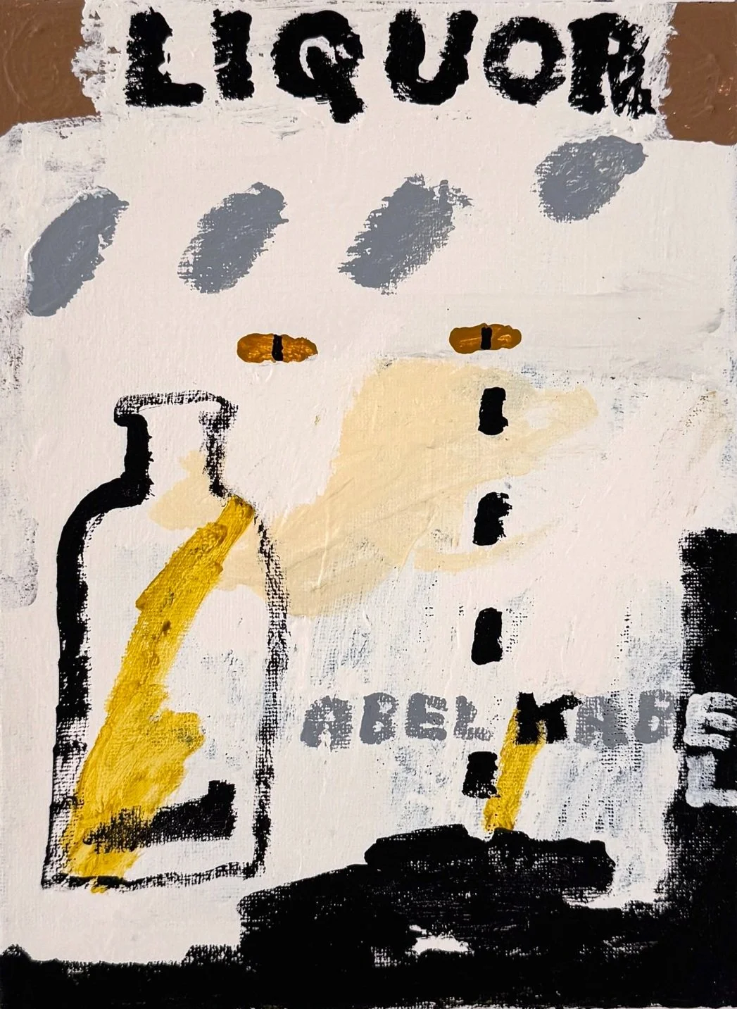 Small scale painting by danish artist Abel Kabel depicting bottles, alcohol and the words liquor among starring eyes