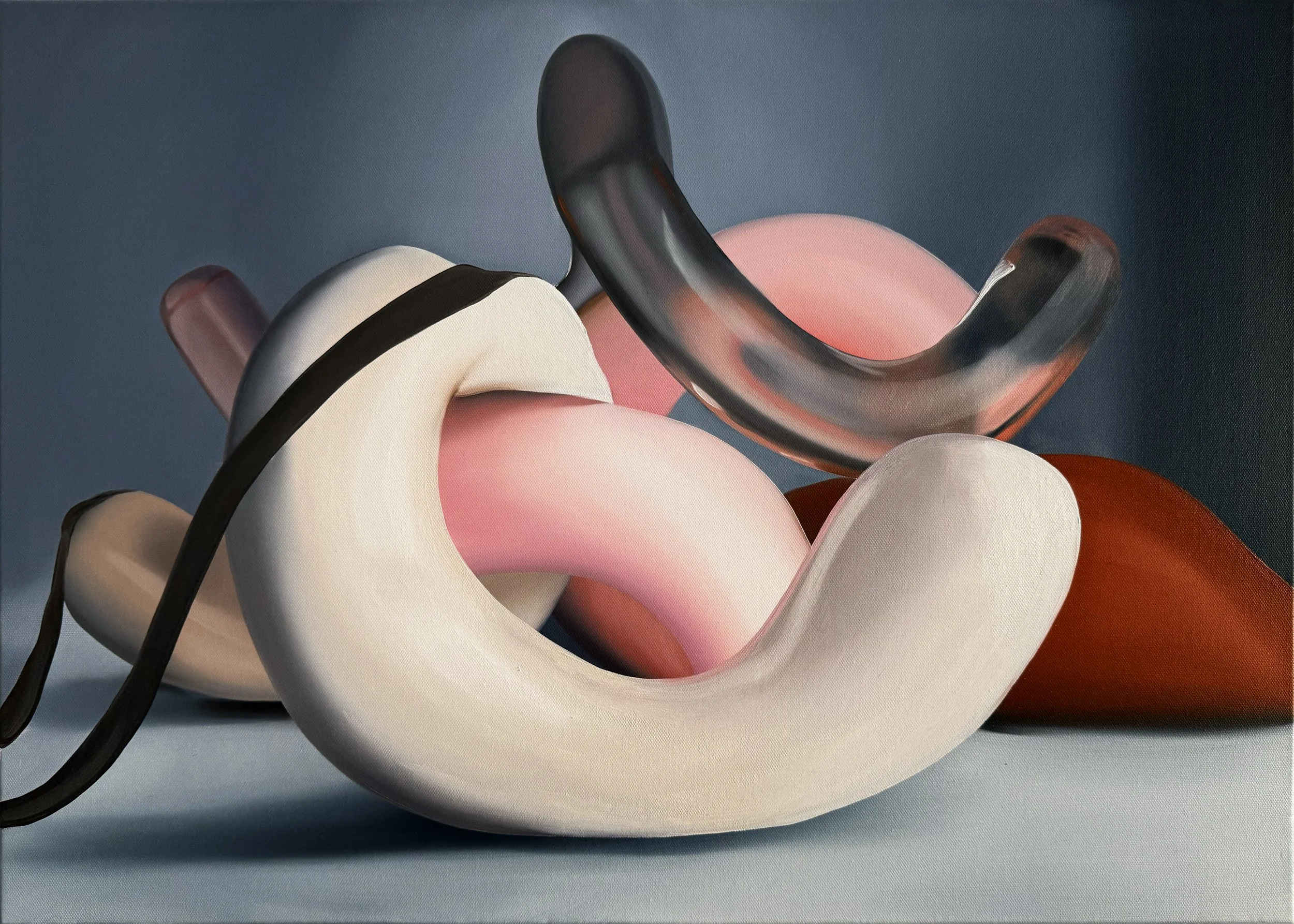 Abstract painting of intertwined black, white, and pink tubes on a dark blue background.