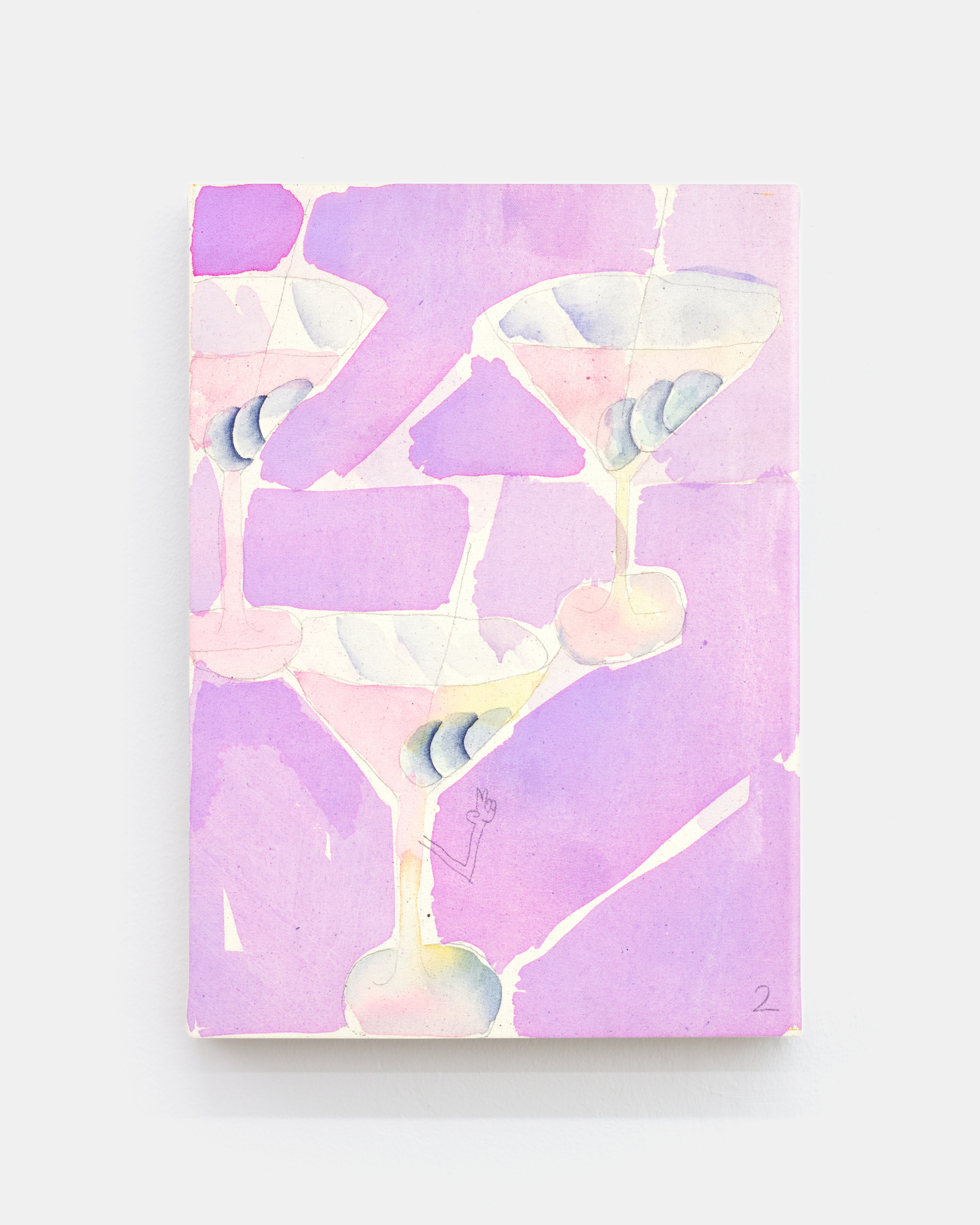 Painting of three martini drinks in pink and purple tones.