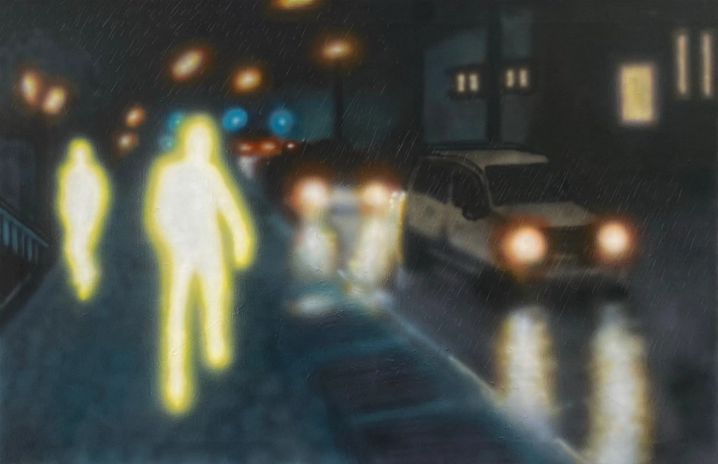 Painting of a seemingly blurry image of a city street at night with illuminated streetlights and human figures beside buildings, and cars.