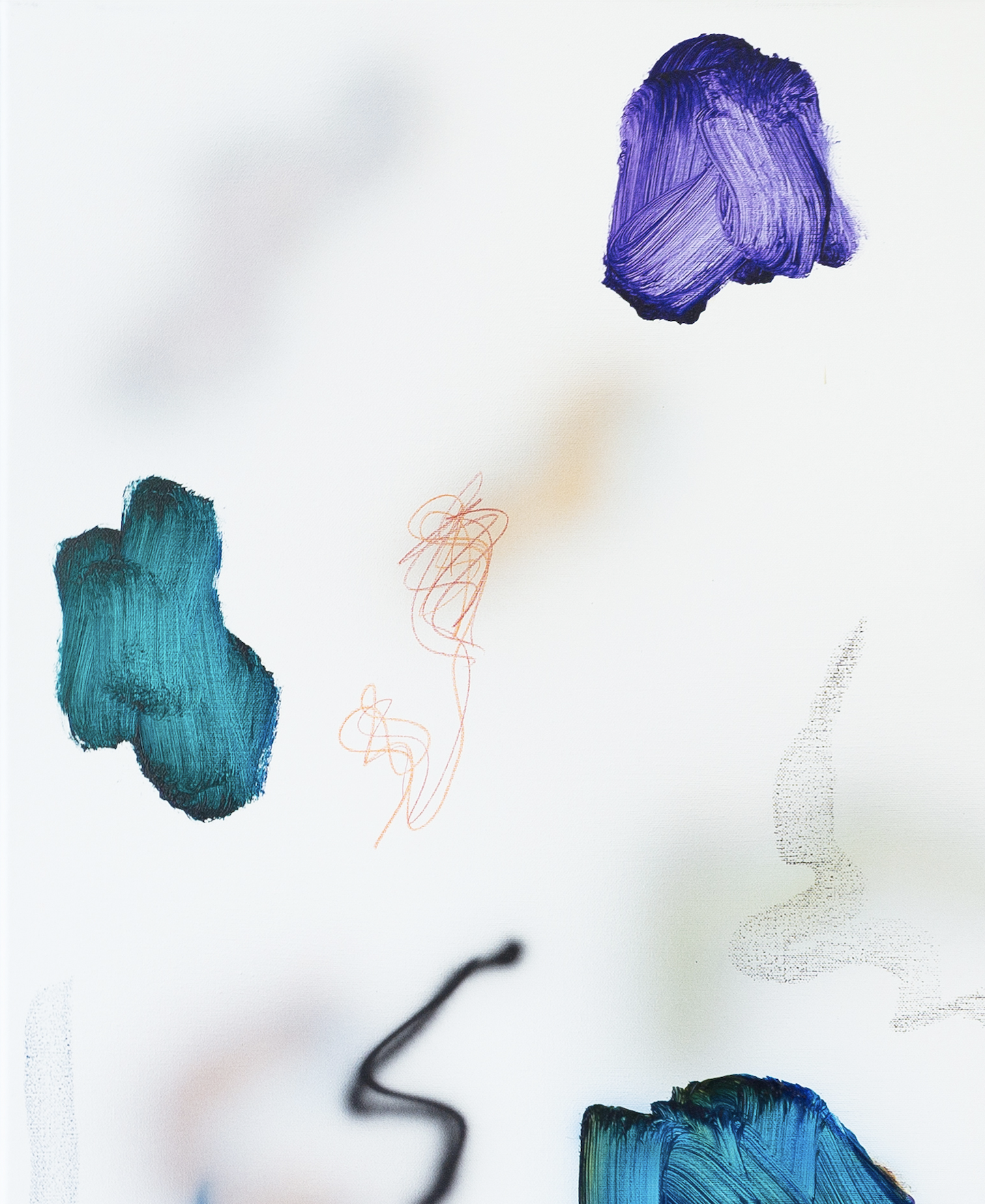 Abstract artwork featuring splashes of blue, purple, and green paint, with some black and orange scribbles on a white background.
