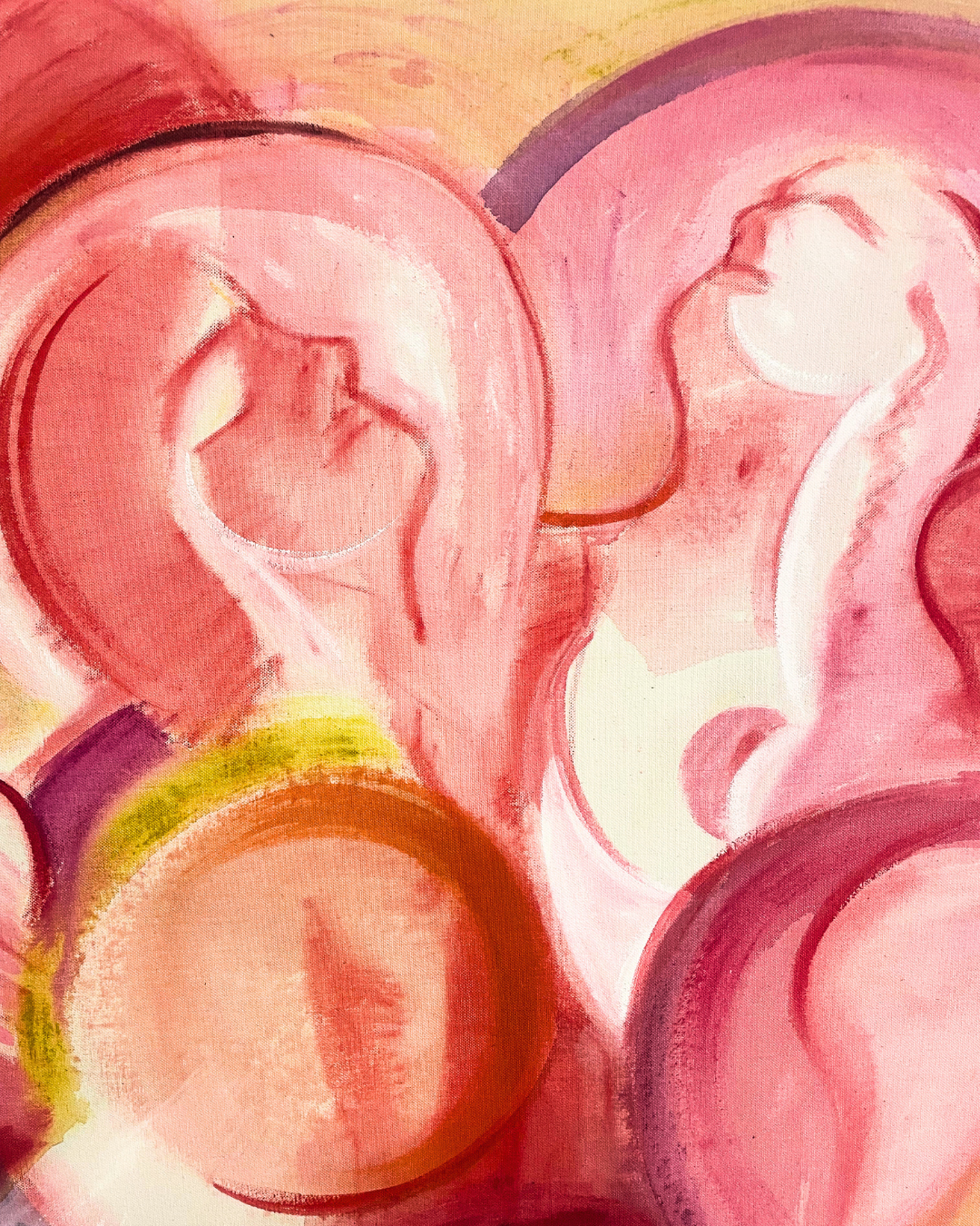 Detail of painting by Emma Sloth in shades of pink, red, orange, and purple.