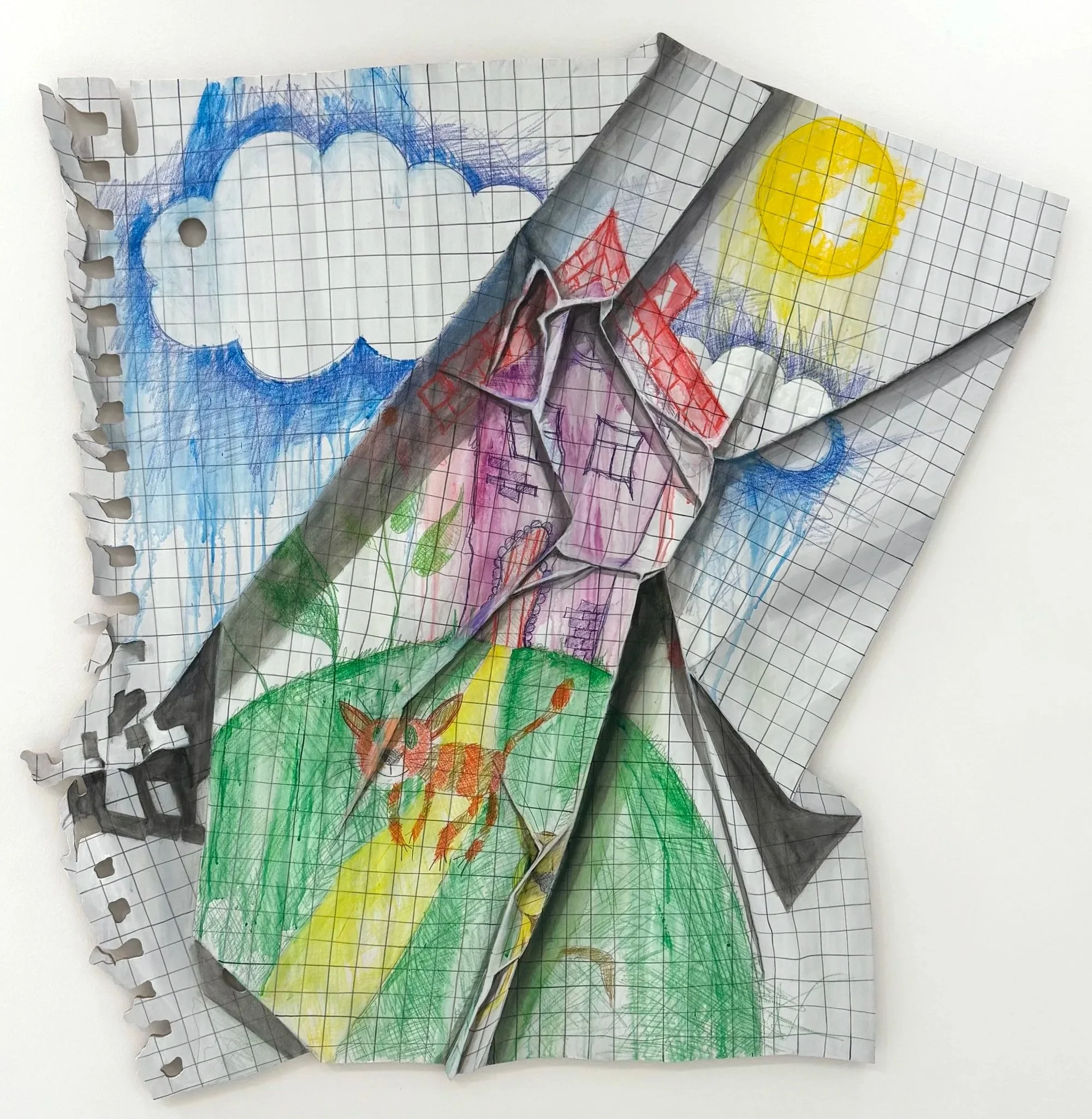 Painting of a crumpled sheet of graph paper with childlike crayon drawings of clouds, sun, house, grass, and a cat.