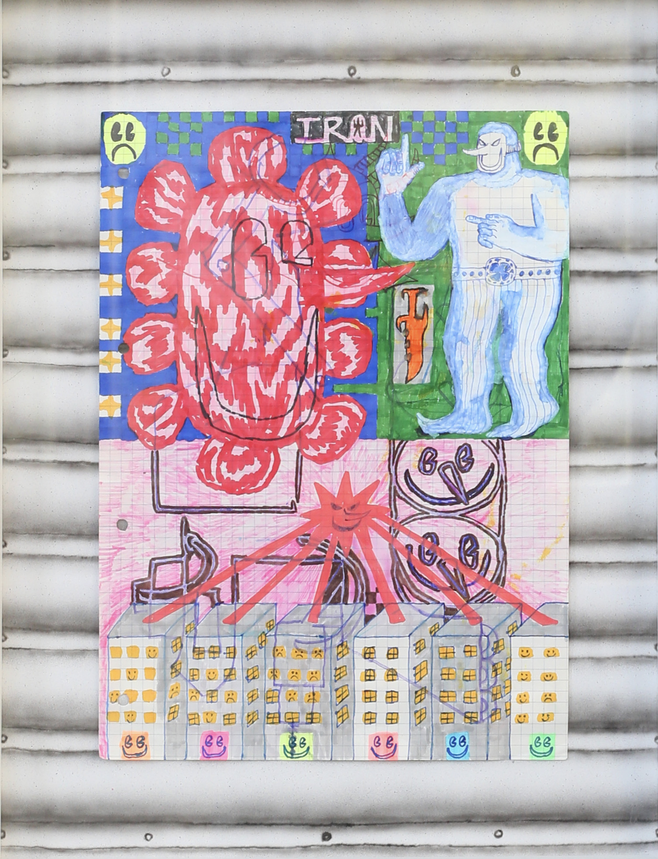 Colorful abstract drawing featuring a blue cartoonish figure with horns and a cityscape at the bottom with yellow and orange squares.