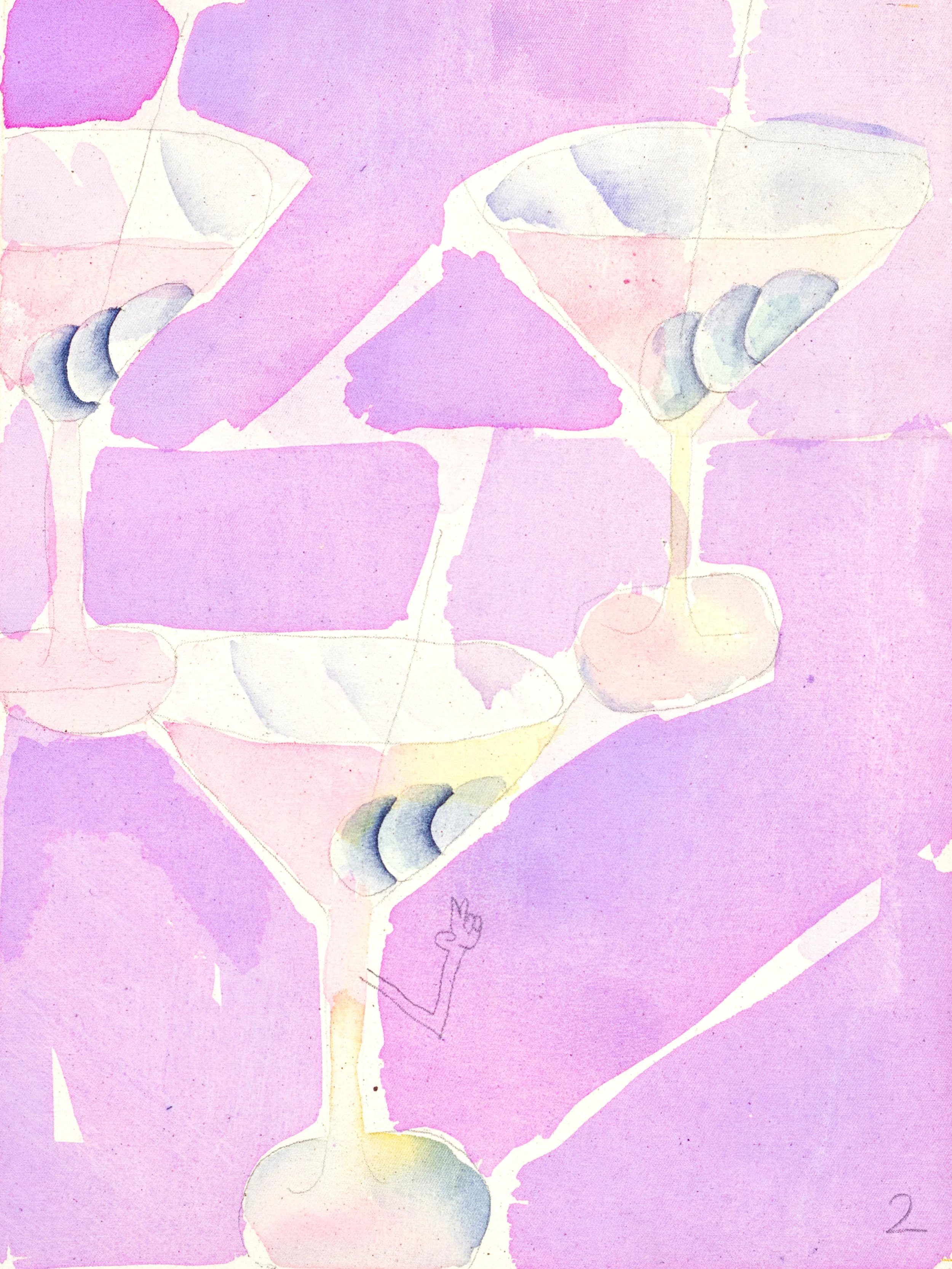 A painting featuring abstract shapes in shades of pink, purple, and cream with martini glasses.