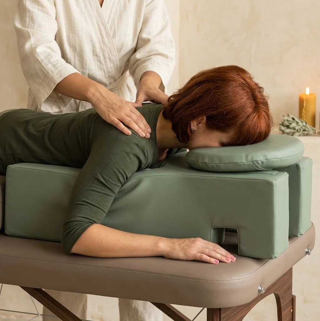 A woman receiving a back massage from a massage therapist in a well-lit room with candles in the background.
