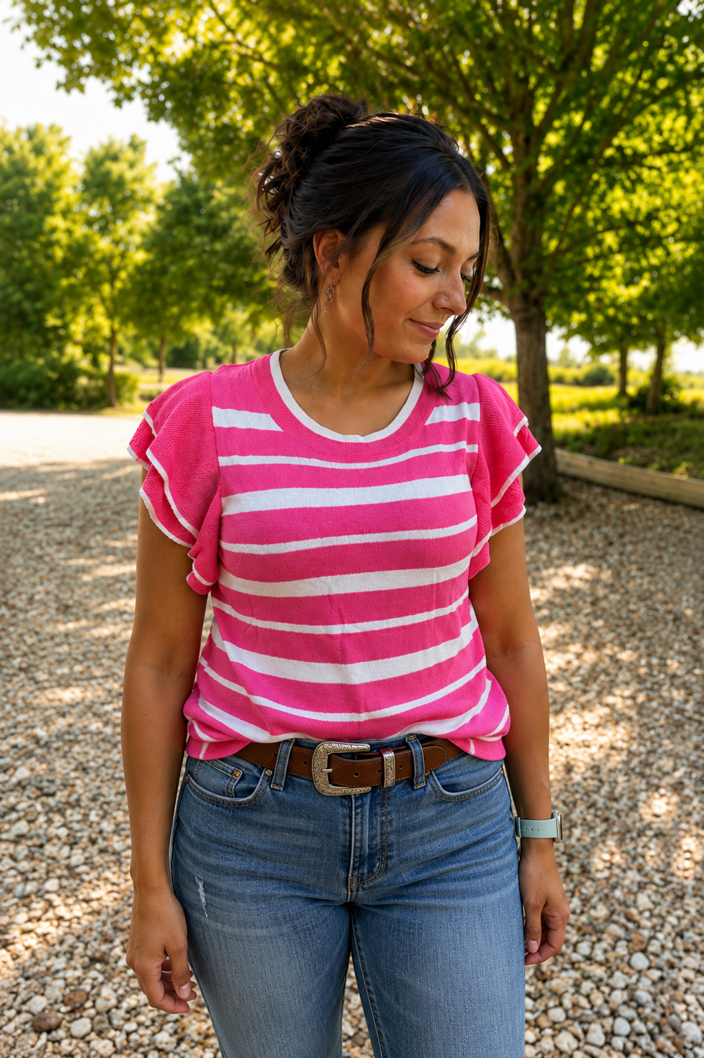 Striped Double Ruffled Sleeve