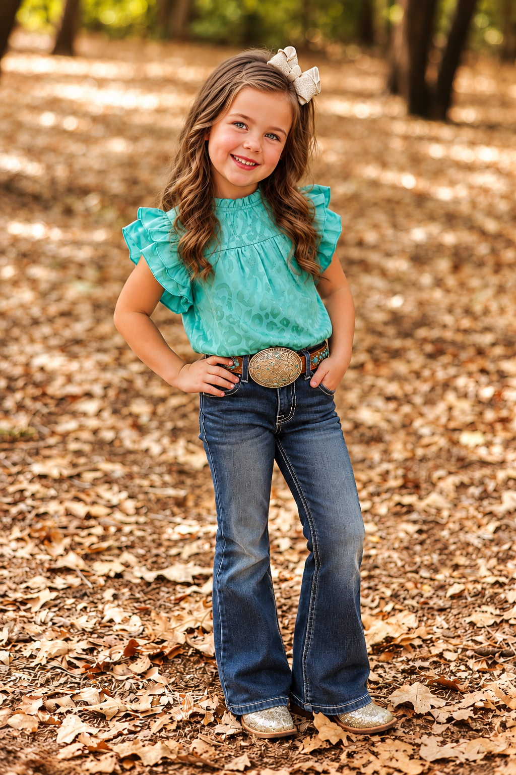 Girls Jade Satin Leopard Pleated Ruffle Top
