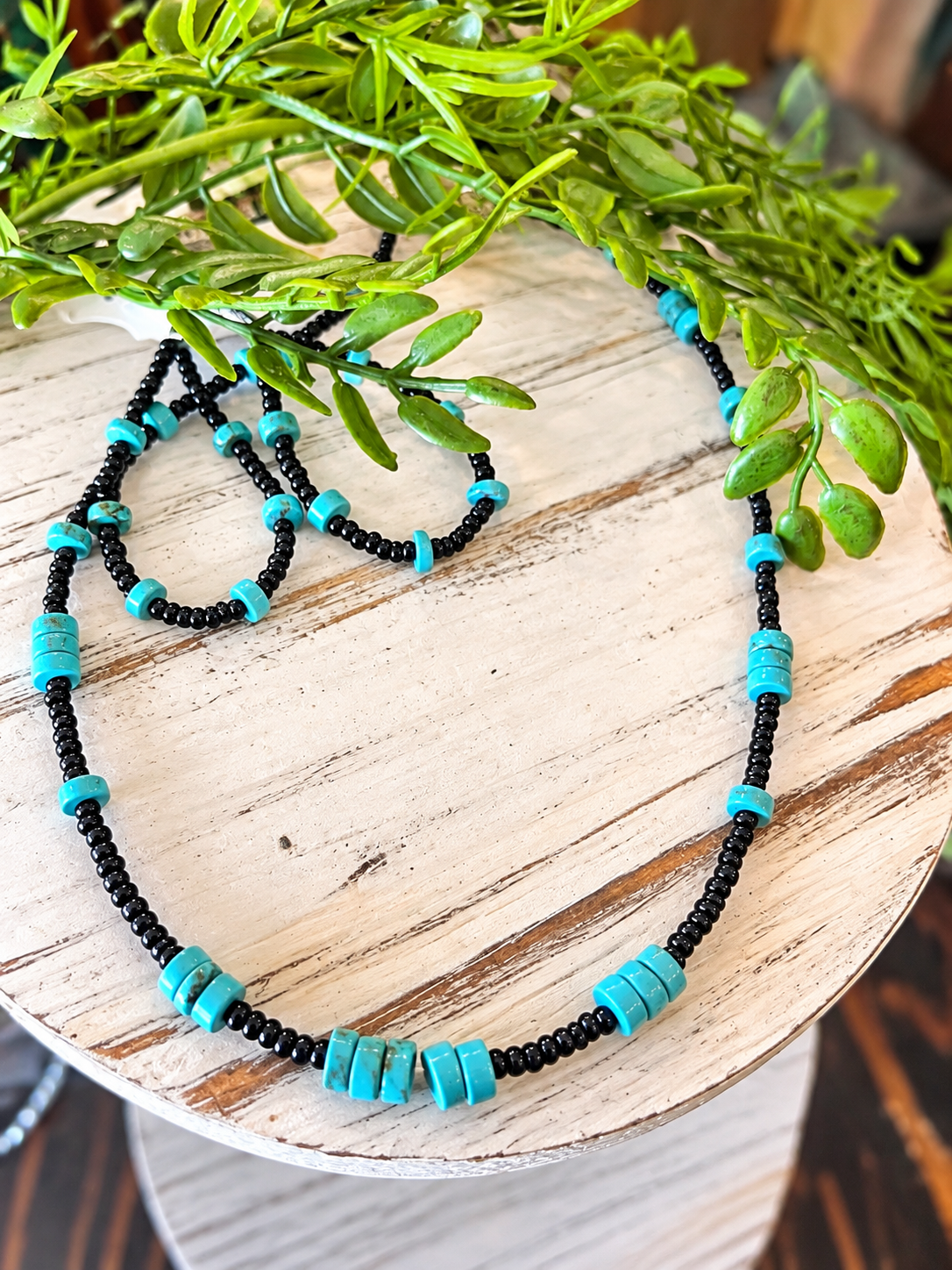 Black bead turquoise necklace & earing set