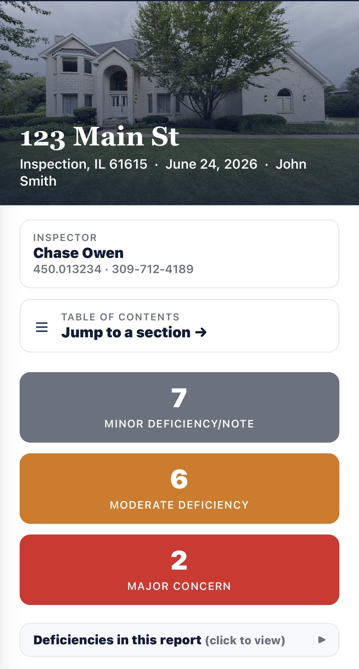 Mobile-friendly interactive home inspection report from Heart of Illinois Property Services, showing the property photo and address that buyers can open on any phone, tablet, or computer.