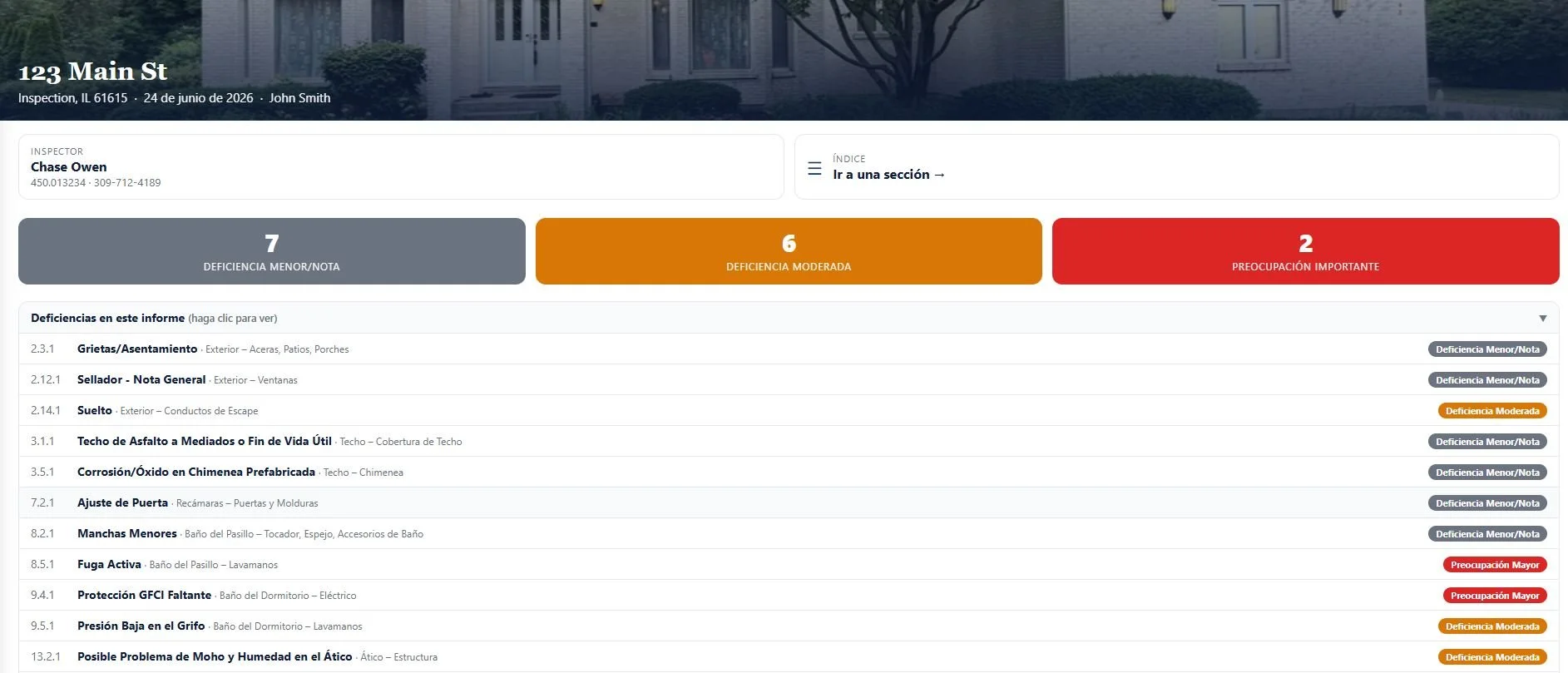 Spanish-language version of a Heart of Illinois Property Services home inspection report, showing the deficiency summary and findings translated into Spanish for bilingual clients.