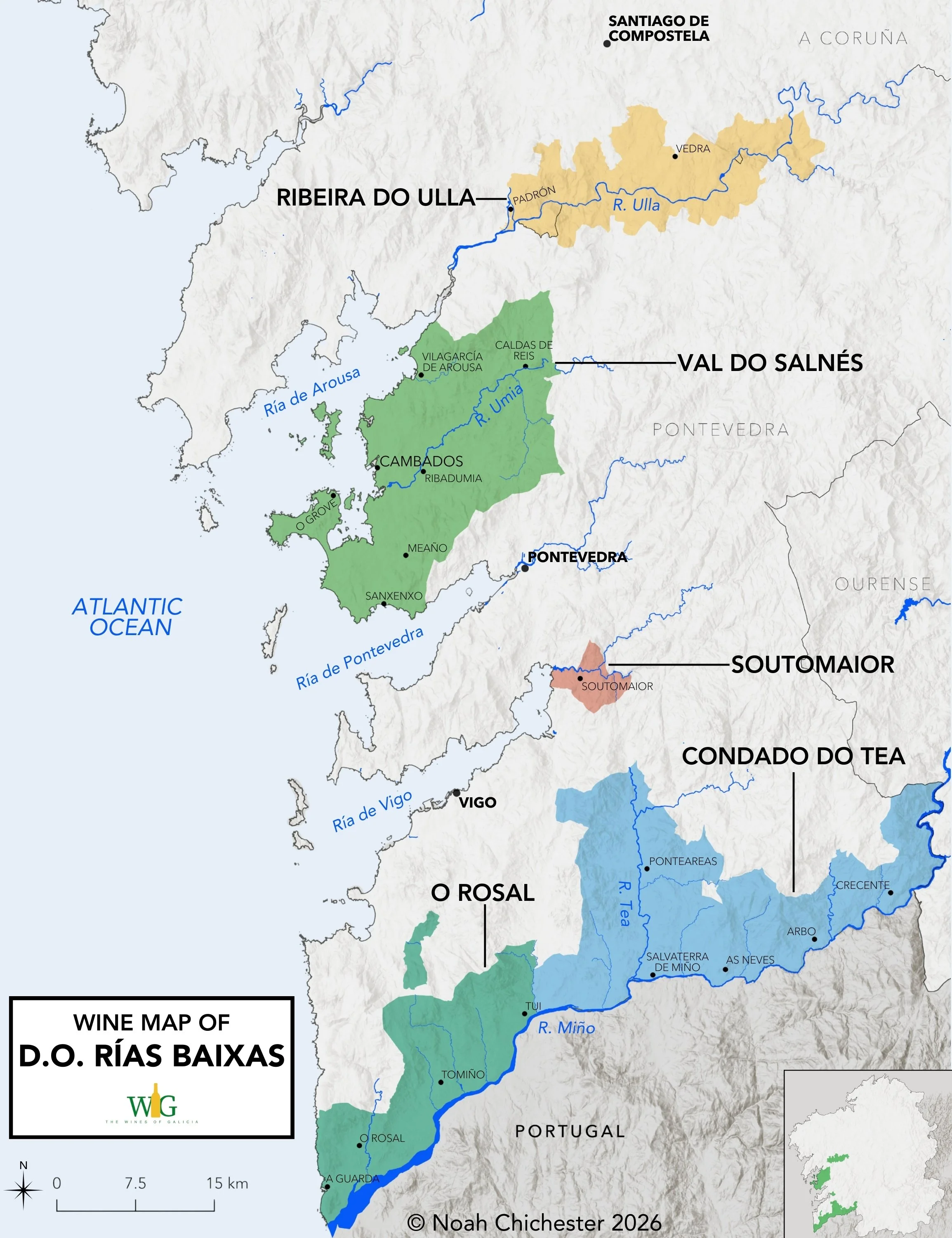 rias baixas wine map with val do salnés, o rosal, condado do tea, ribeira do ulla, soutomaior subzones