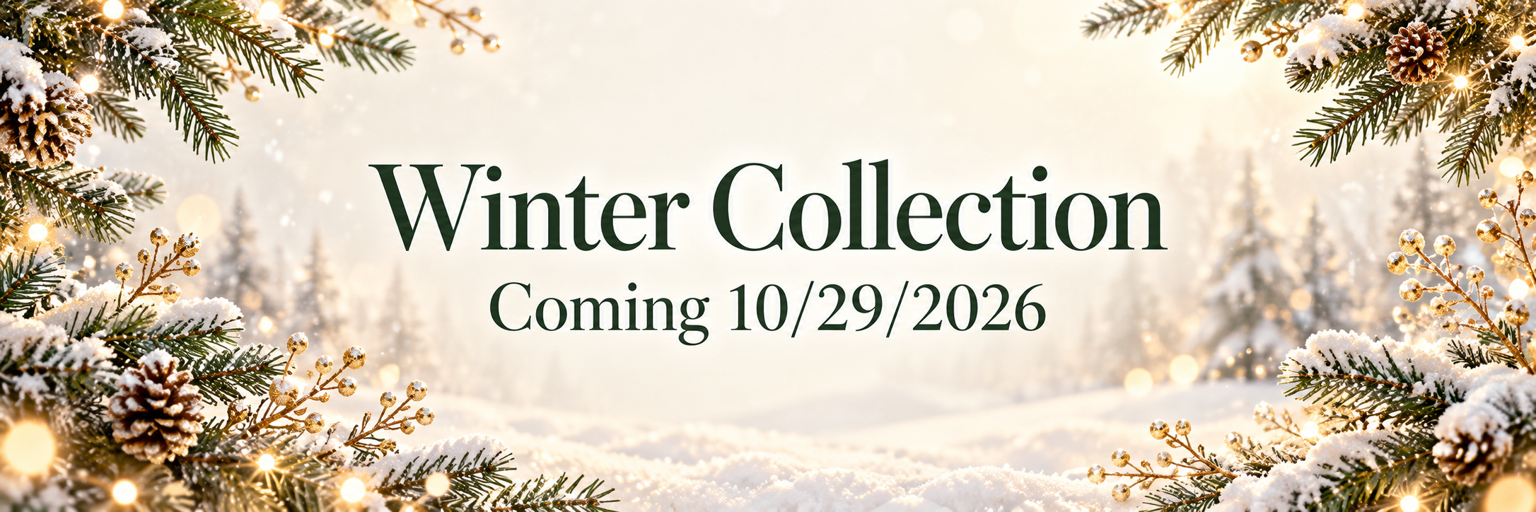 A snowy winter scene with snow-covered pine branches, pinecones, and golden berries framing the top and bottom edges. The background features a blurred snowy landscape with trees and warm light. Text in the center reads 'Winter Collection Coming 10/29/2026' in dark green.
