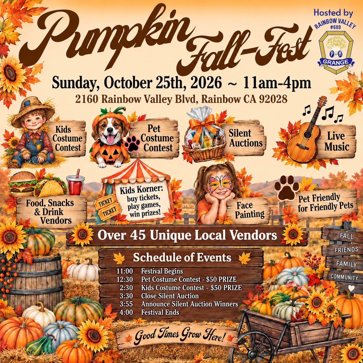 Event poster for Pumpkin Fall Fest with details about date, location, activities, and schedule, surrounded by pumpkins, autumn leaves, and festive decorations.