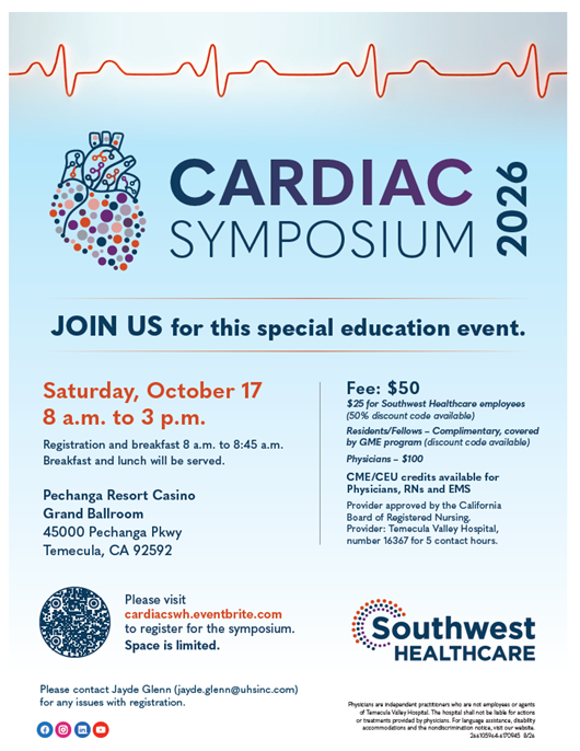 Flyer for the 2026 Cardiac Symposium event on October 17 at Pechanga Resort Casino, Temecula, CA, featuring details on registration, fees, and contact information.