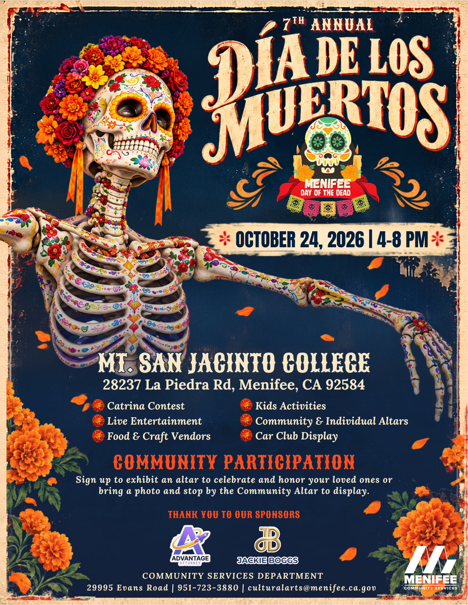 Poster for the 7th Annual Día de los Muertos celebration featuring colorful skeleton and skull imagery, event details including date, location, activities such as contests, live entertainment, food vendors, kids activities, community altars, and car display, with floral decorations and sponsor logos.