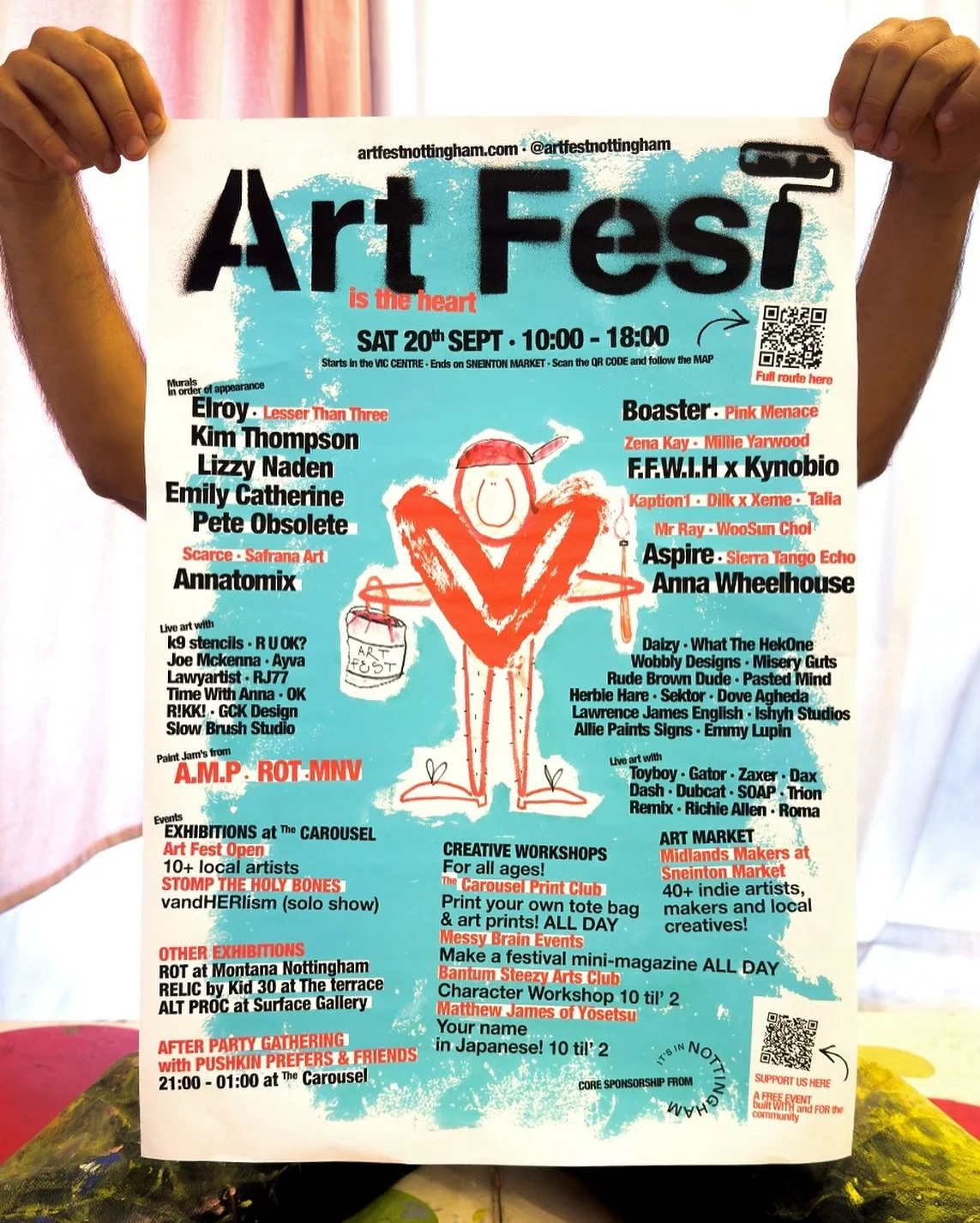 The Art Fest 2025 LINE UP!
20.09.25
10:00 - 18:00
Jam packed with over 50 incredible artists, it&rsquo;s gonna be a huge day of live art throughout the city.
Start at:
Info point, @victoriacentre (the old) Build a Bear, first floor. 
Then follow the 