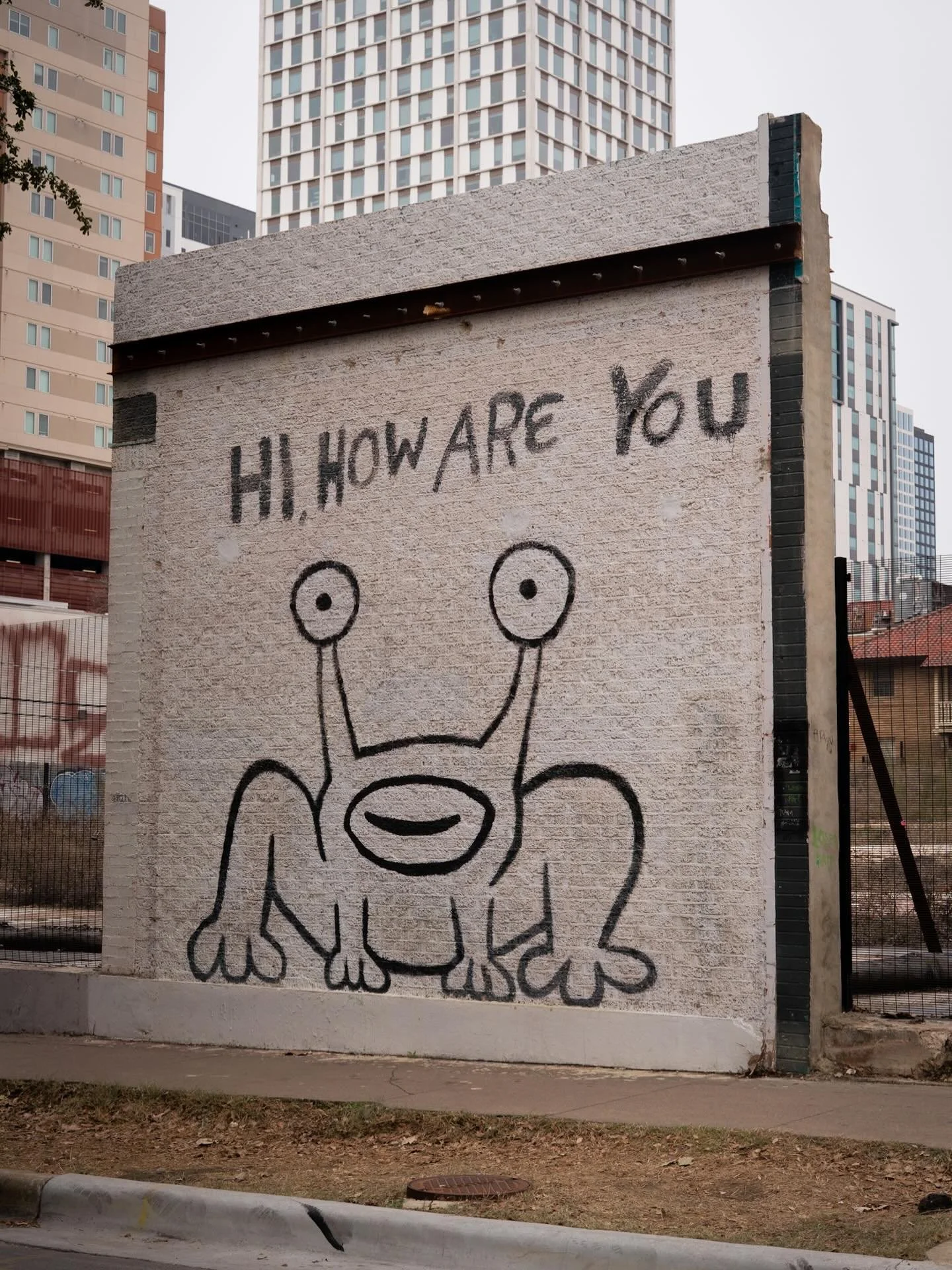 Daniel Johnstone, &ldquo;Hi, How Are You&rdquo; Mural
Downtown Austin, TX

The mural was preserved despite the rest of the building (formerly Sound Exchange) being demolished. 

Lyrics from
Daniel Johnston, Story of an Artist, 1982

They sit in front