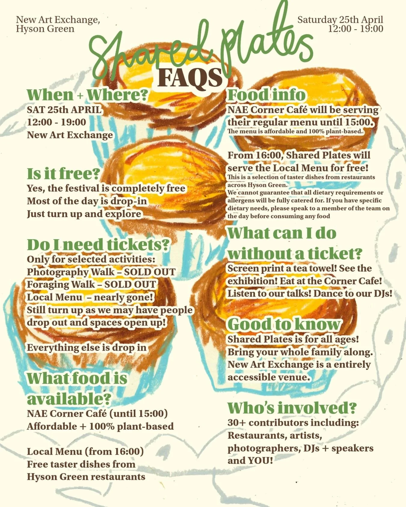 Shared Plates
Food &amp; Art Festival
25 April 2026 | 12:00&ndash;19:00
@new_art_exchange

~

FESTIVAL FAQs

A few essentials about festival day. 
If you have anymore Q&rsquo;s feel free to DM us! 

~

Shared Plates is a one-day festival delivered in