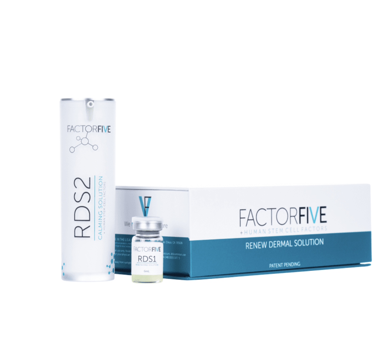 Set of skincare products including a tall white bottle labeled "RDS2," a small vial labeled "FACTORFIVE RDS1," and a large white and blue box labeled "FactorFive Renew Dermal Solution" with additional fine print.