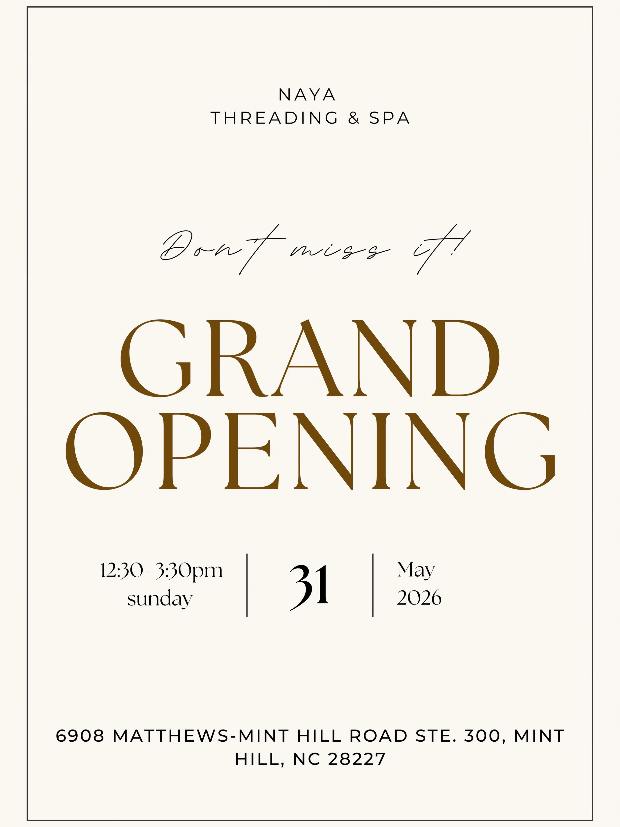 Join us for the grand opening of Naya Threading &amp; Spa 🤍

After months of building, stress, long nights, and so much love poured into this space, I&rsquo;m so excited to finally celebrate with you all.

Come enjoy:
✨ custom perfume experience wit