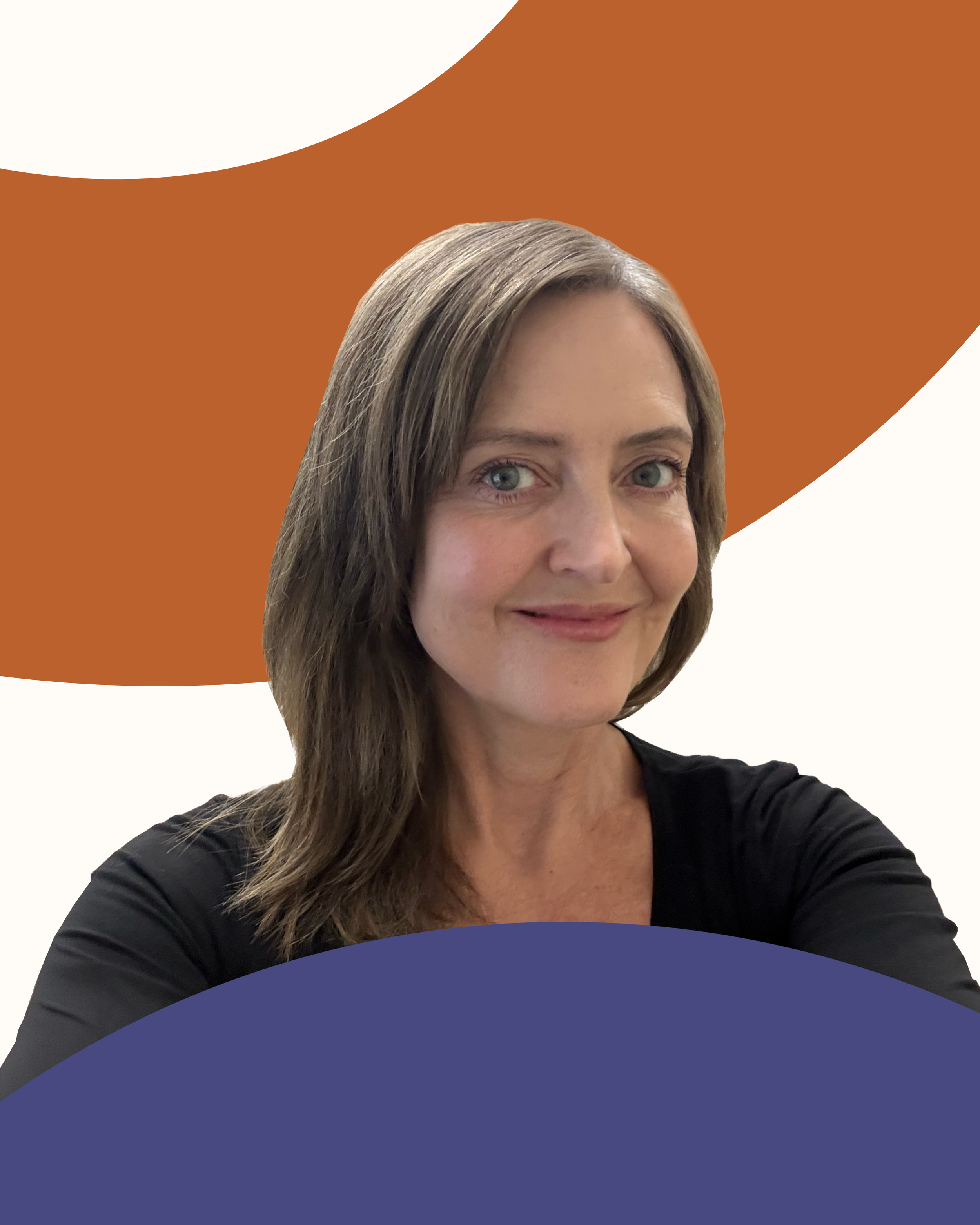 Tricia Ashley smiles for her headshot with swooshes of orange and purple colors surrounding her.