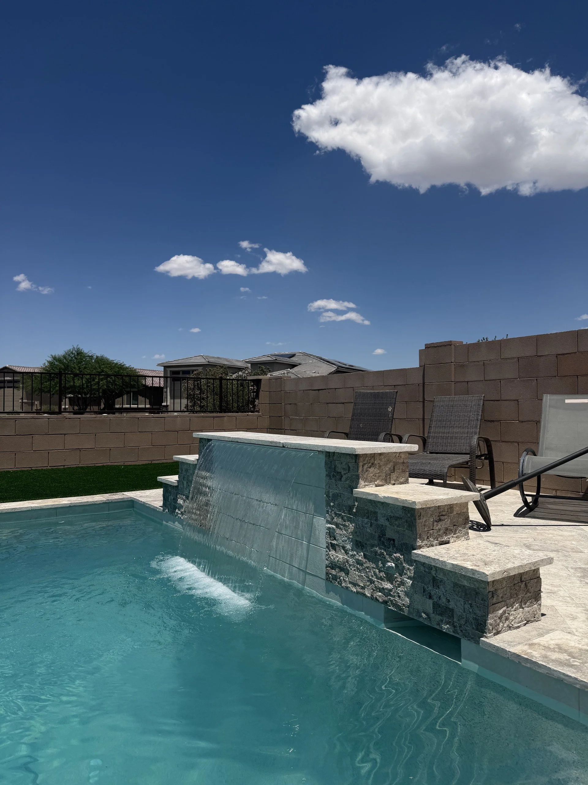 Pool and shaded ramada outdoor living space, custom-built by Meraki Pools AZ in Tucson, Arizona.