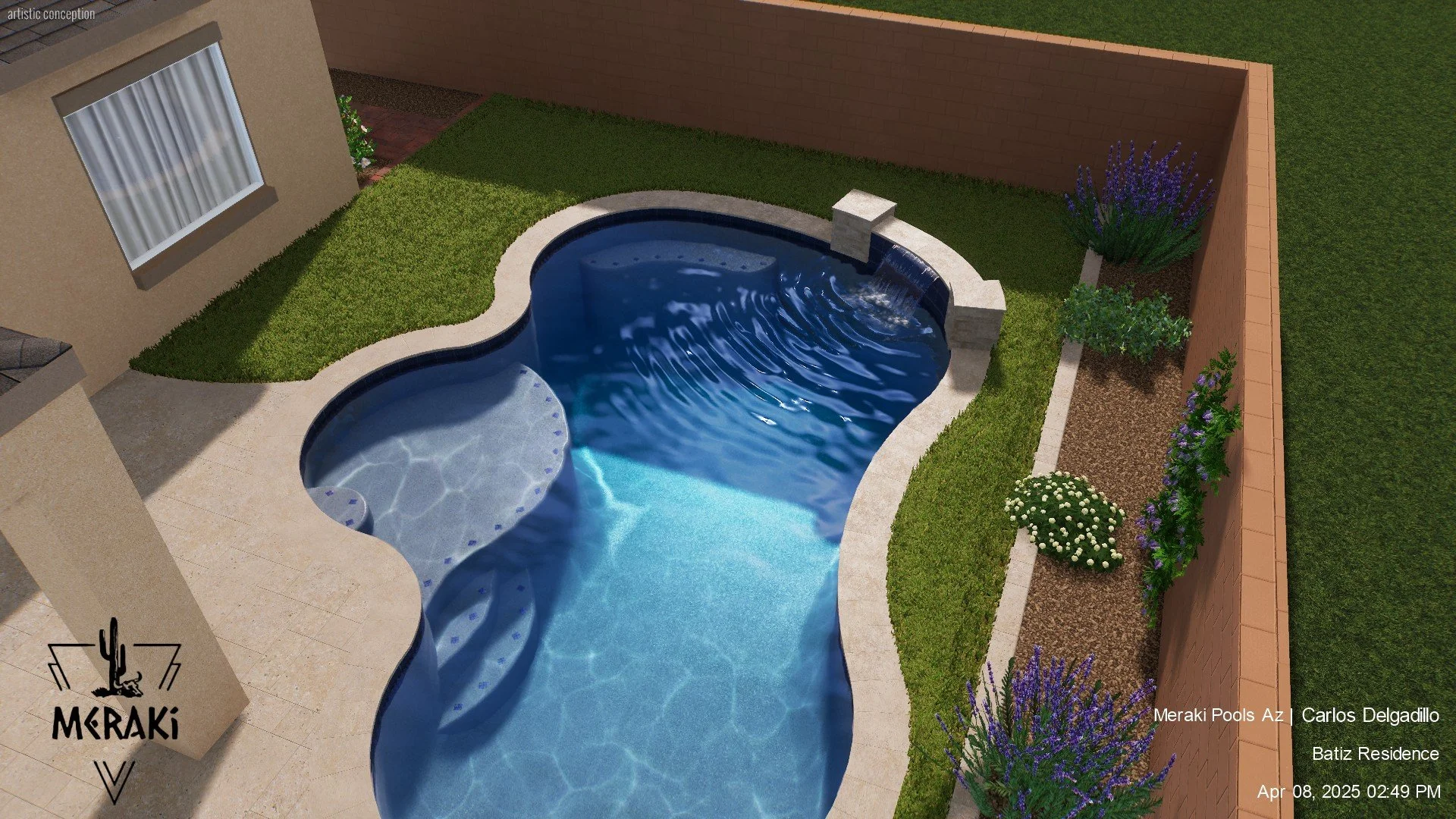 Artistic rendering of a backyard with a freeform swimming pool surrounded by grass and flowering plants, adjacent to a house. The pool features a stone waterfall and built-in seating steps. Logo and text indicate Meraki Pools Az and Carlos Delgadillo