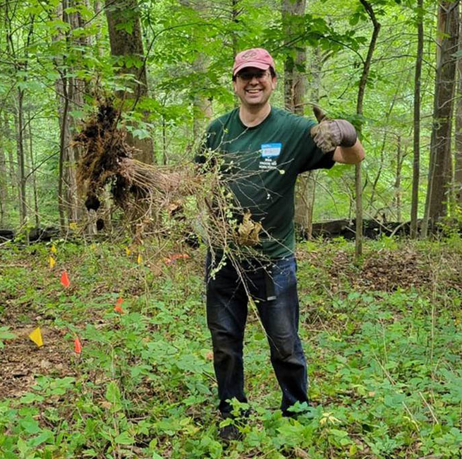 Image of man holding invasive plant