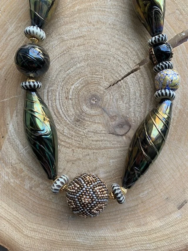 Earthy Lampwork Necklace with African and Beaded Focal Piece