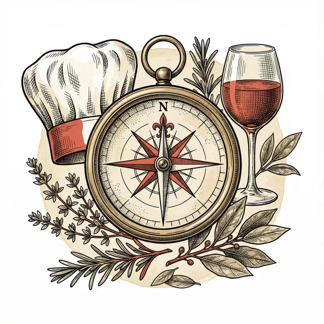 An illustrated compass surrounded by a chefs hat, a glass of red wine, and sprigs of herbs, symbolizing culinary exploration and adventure.