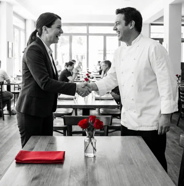 A woman in a business suit and a chef shake hands and smile in a bright restaurant. The image is mostly black and white, except for the red napkin and red flowers on the table in the foreground.