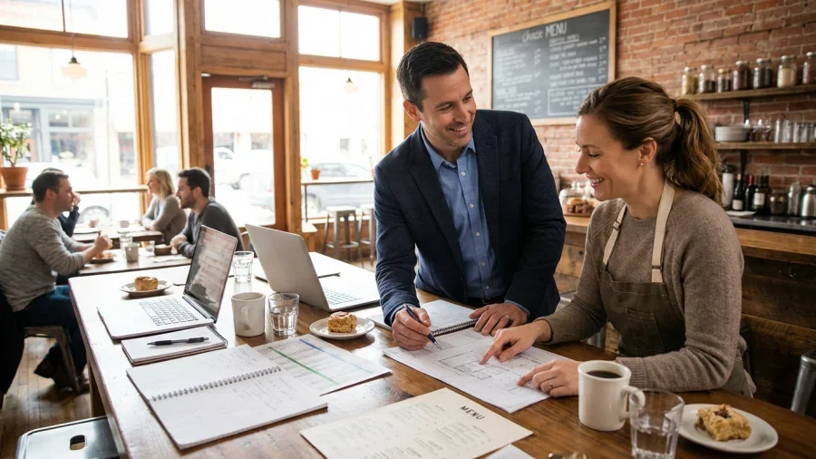 A man in business attire and a woman in an apron discuss project management at a cafe counter, with laptops, notebooks, and coffee cups in front of them. Other customers sit at tables in the cozy, sunlit cafe.
