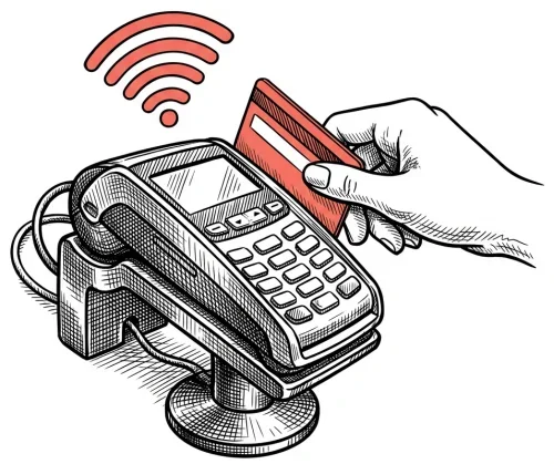 Illustration of a hand holding a credit card over a card payment terminal connected to a point-of-sale stand, with Wi-Fi signal icon indicating wireless transaction.