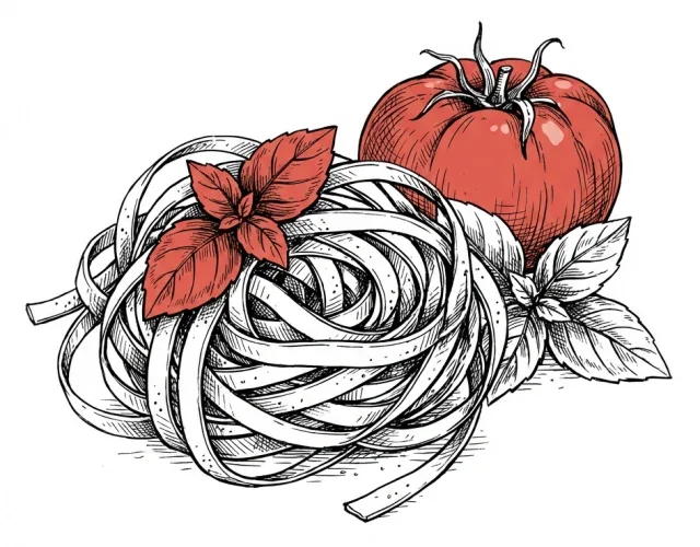 Illustration of a ball of spaghetti with a tomato and basil leaves.
