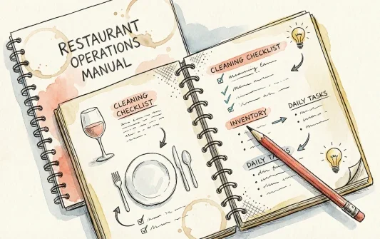 Illustration of an open notebook labeled “Restaurant Operations Manual” with checklists for cleaning, inventory, and daily tasks, next to a pencil and a wine glass drawing on a table setting.