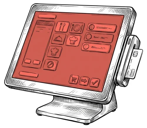 A touchscreen point-of-sale system displaying options for food and beverage orders with icons for utensils, plates, chef hats, and checkmarks.
